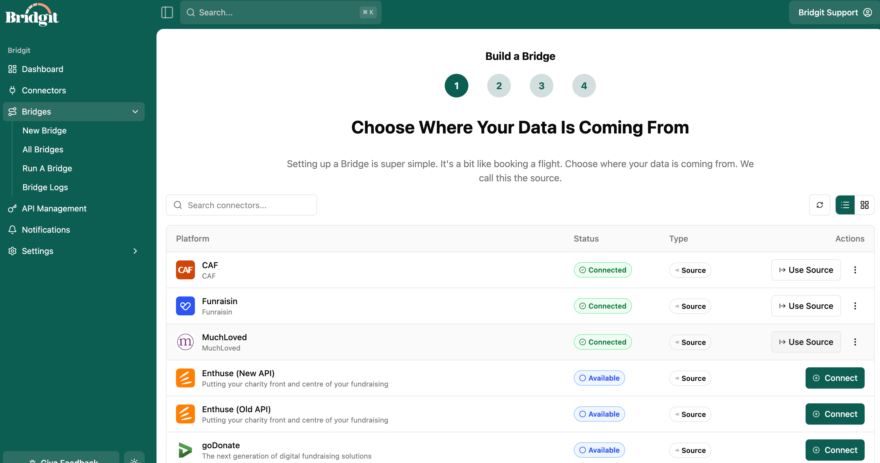 Selecting a source platform in Bridgit